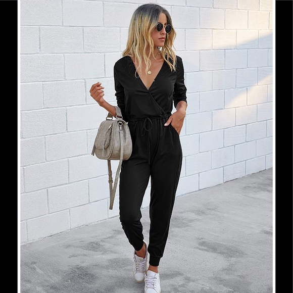 Pants - 🆕V Neck Drawstring Waist Jumpsuit with Pockets